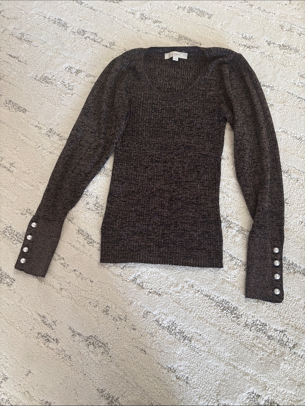 LOFT Charcoal Metallic Scoop-Neck Sweater with Pearl Cuff Buttons